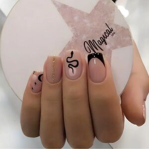 Taylor Swift Nude Pink Press-On Nails with Black & Gold Accents